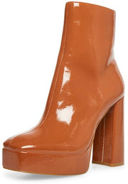 Steve Madden Luisina Cognac Patent Squared Toe Block Heel Pull On Ankle Boots