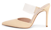 Schutz Sionne Beige Suede Vinyl Strap Pointed Toe Slip On High Heel Pumps Shoes