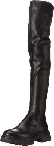 Ash Gill Black Pull On Stretch Fitted Nappa Over The-Knee Lug Sole Boots