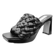 Steve Madden Braid Black Fashiion Slip On Block Mid Heel Open Toe Heeled Sandals