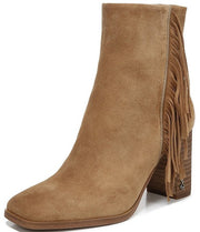 Sam Edelman Ona Camel Suede Leather Almond Toe Block Heel Zipper Fringe Booties