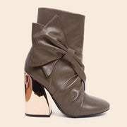 Ivy Kirzhner Belladonna Taupe Leather Crisscrossed bow Gold Heel Boot