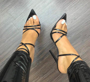 Cape Robbin ADA Black Super Strappy Pointy Open Toe Ankle Strap Stiletto Heel