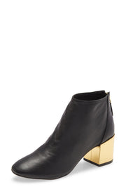 Cecelia New York Nolton Black Leather Gold Modern Block Heeled Low Ankle Booties