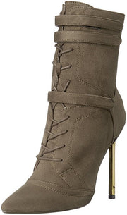 Luichiny Fine By Me Army Suede Lace Up Stiletto Metal Heel Pointed Sexy Bootie