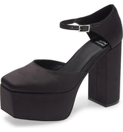 Jeffrey Campbell Ovr-N-Out Black Satin Square-Toe Ankle Strap Platform Pump