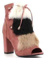 Cape Robbin Tia-1 Open Faux Fur Lace Block Heel Ankle Bootie Boots