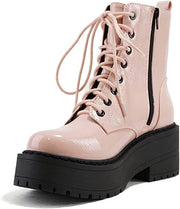 Soda Fling Blush Crk Patent Lace Up Chunky Lug Sole Round Toe Wide Ankle Boots