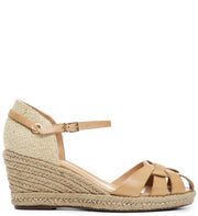 Schutz Women's Low Light Wood Nude Leather Caged Toe Espadrille Wedge Sandal