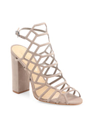 Schutz Precision Neutral Leather Cutout Ankle Buckled Block Heel Dress Sandals