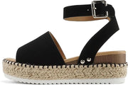 Soda Topic Blk Nbpu (Whipped Stitch) Espadrille Ankle Strap Platform Heel Sandal