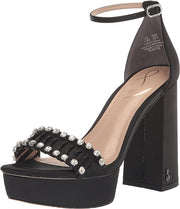 Sam Edelman Ninette Black Satin Embellished Ankle Strap Block Heeled Sandals