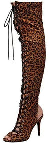 Breckelles Randi-23 Leopard Lace Up Stiletto Heeled Peep Toe Thigh High Boots