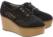 Schutz Women's Black Pavia Lace Up Woven loop  with wooden bottom