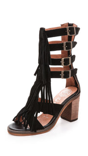 Jeffrey Campbell Omaha Black Suede Fringe Stacked Heel Mid Calf Sandal Heels