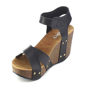 Refresh Mara-05 Black Fashion Ankle Strap Criss Cross Platform Wedge Sandals