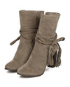 Breckelles Hilary-71 Beige Faux Suede Wraparound Tassel Chunky Heel Booties