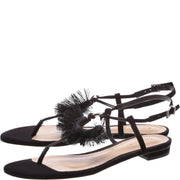 Schutz Tiele Black Fringe Ring Thong Sandal Adjustable Ankle Strap Flat Sandals