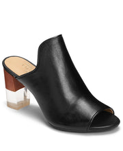 Aerosoles Comfortable Slip On Black Leather Clear Block Heel Peep Toe Sandals