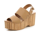 Kelsi Dagger Nash Tan Ankle Strap Round Open-Toe Wedge Chunky Platform Sandals