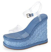 Schutz Caryne Transparente Summer Jeans Blue Ankle Strap Open Toe Wedge Sandals