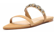 Schutz Elisah Flat Beige Nubuck Leather Embellished Chain Link Strap Flat Sandal