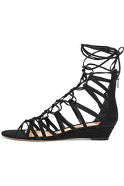 Schutz Nitty Black Suede Lace Up Strappy Tie Up Low Wedge Heeled Nubuck Sandals
