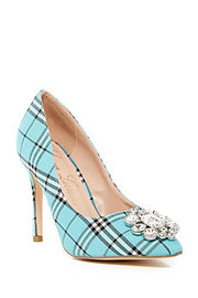 Lauren Lorraine Giselle-2 Slip On Rhinestone Slim Heel Stiletto Teal Plaid Pump (7)