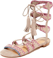 Schutz Willow Light Wood Nude Gladiator Sandals Color Stitched Tie Up Sandals