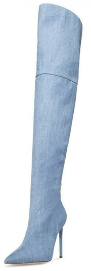 Steve Madden Vava Blue Denim Pointed Toe Stiletto Heel Thigh High Fashion Boots