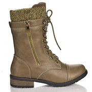 Forever Link Mango-31 Rounded Toe Lace Up Knit Ankle Cuff Low Heel Combat Boots