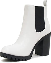 Soda Glove White Pu Lug Sole Elastic Gore Pull On Chunky Heel Ankle Boots