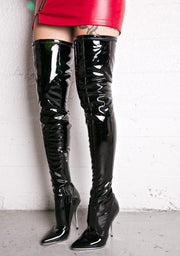 LUICHINY MORE OR LESS MANIC THIGH-HIGH BOOTS GLOSSY PATENT POINTED TOE STILLETO