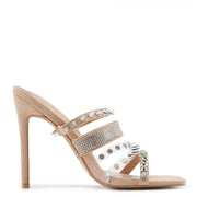 Cape Robbin Quatro Nude Silver Spike Open Toe Stiletto Heel Mule Sandal Pump