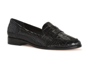 Schutz Dora Black Shiny Croco Embossed Leather Flat Penny Almond Toe Loafer