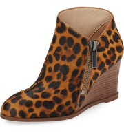 1.State Kaleb Wedge Brown Multi Leopard Ankle Bootie Mid Wedge Designer Boots
