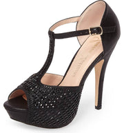 Lauren Lorraine Vivian Black Crystal Embellished T-Strap High Heel Pump Sandal