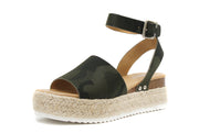 Soda Comfortable Camo Espadrilles Flatform Studded Wedge Strappy Ankle Sandals