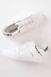 Steve Madden Harmonize White and Tan Perforated Lace Up Rubber Sole Sneakers