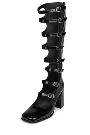 Jeffrey Campbell Monsieur Black Crinkle Patent Fashion Open Knee Gladiator Boots