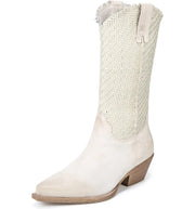 Sam Edelman Brenda Off White Stacked Heel Pointy Toe Woven Mid-Calf Western Boot