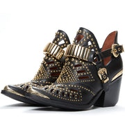Jeffrey Campbell Calhoun-4 Black Leather Gold Metal Pointed Toe Western Bootie