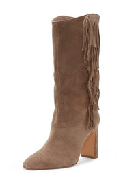 Vince Camuto Sterla Tuscan Taupe Fashion Fringe Mid Calf Block Heel Dress Boots