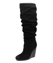 Charles David Helsinki Black Slouched Knee High Suede Wood Platform Wedge Boots