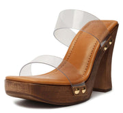 Schutz Aryana Vinyl Brown Double Strap Square Toe Wooden Platform Heel Sandals