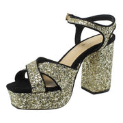 SHELLYS LONDON Annie Gold Glitter Embellished Chunky Heel Platform Sandal Pumps