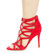 shoe Republic KEFANI red Suede Toe Up Open Toe Dress Stiletto Heel Sandals Pumps