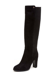 French Blu Bingo Black Vegan Suede Tall Thick Heeled Stretch Back Fitted Boots
