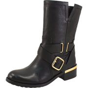 Vince Camuto Wethima Black Leather Gold Metal Hardware Block Heel Moto Boots