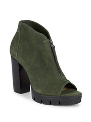 Schutz Juliette Military Green Suede Lug Sole High Block Heel Peep Toe Bootie